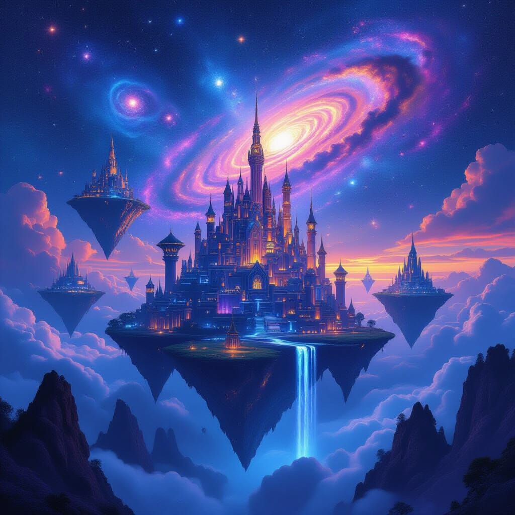 Majestic Floating City Amidst Swirling Galaxies