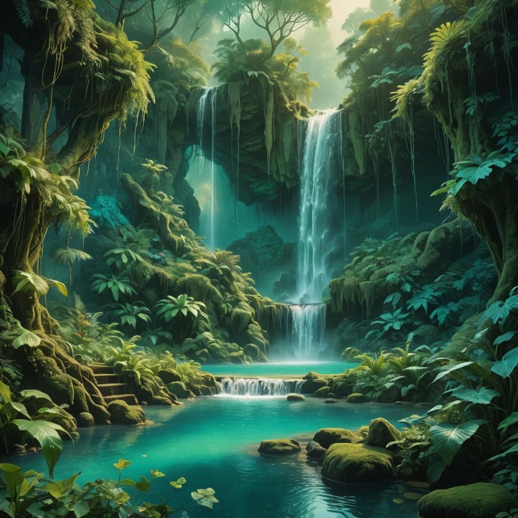 Ethereal Waterfall: Surreal Fantasy Landscape in 8K