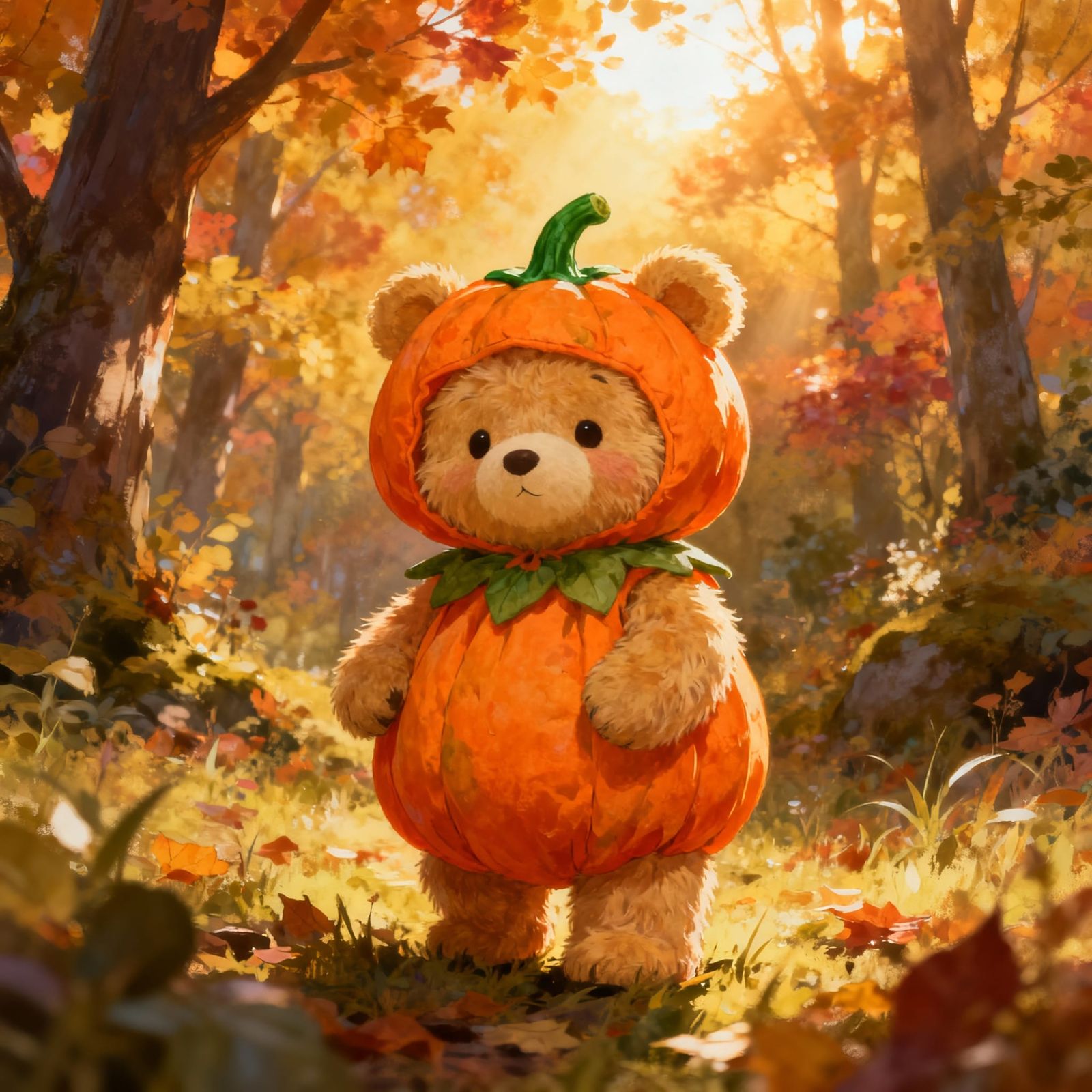 Cute Teddy Bear in Pumpkin Costume in Autumn Forest
