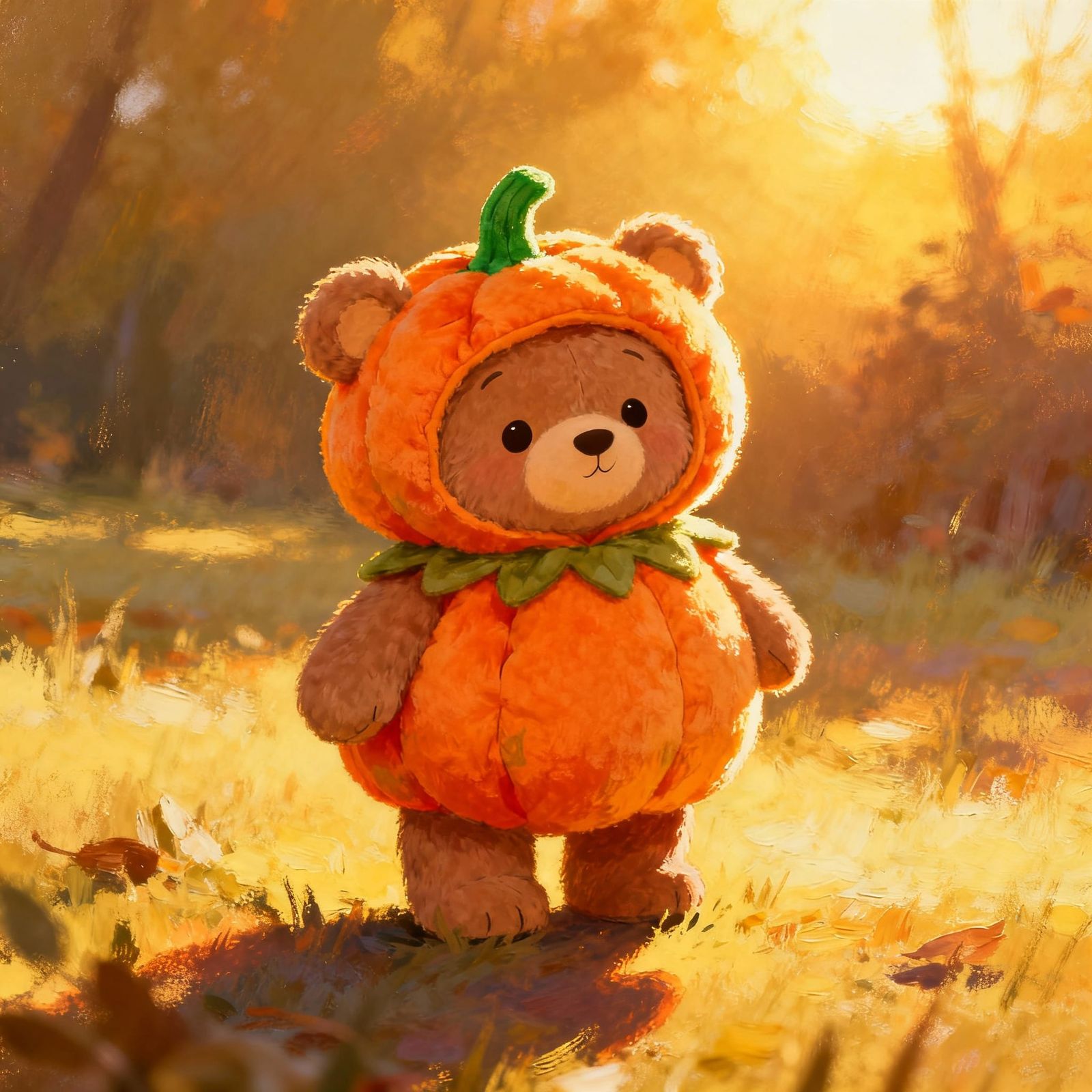 Cute Teddy Bear in Plush Pumpkin Costume