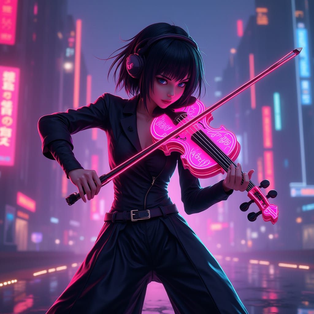 Futuristic Violinist in Cyberpunk Cityscape