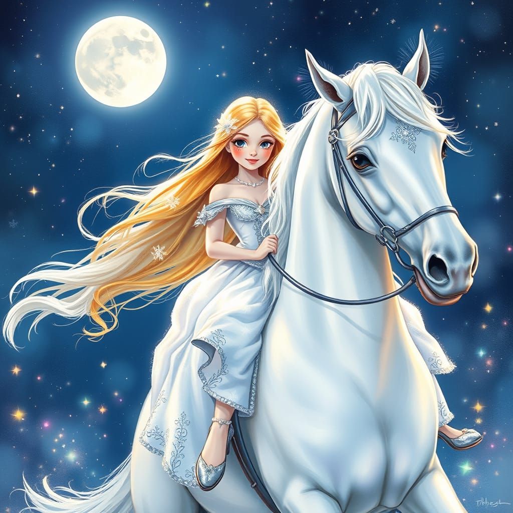 Whimsical Princess Rides Majestic White Horse Under Starry N...