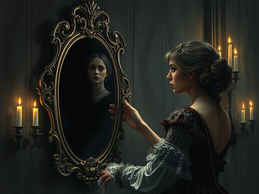 Victorian Woman Reaching into Baroque Mirror