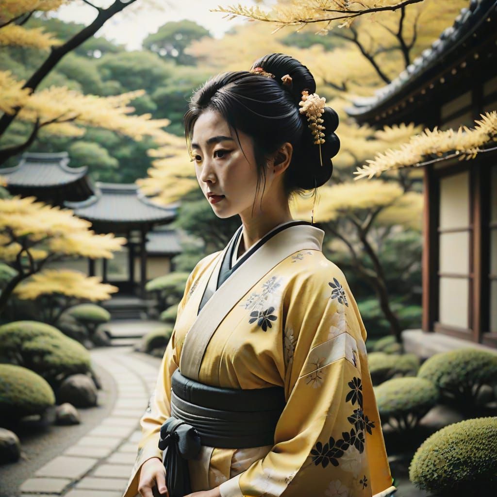 Ethereal Geisha Strolls Through Serene Japanese Garden
