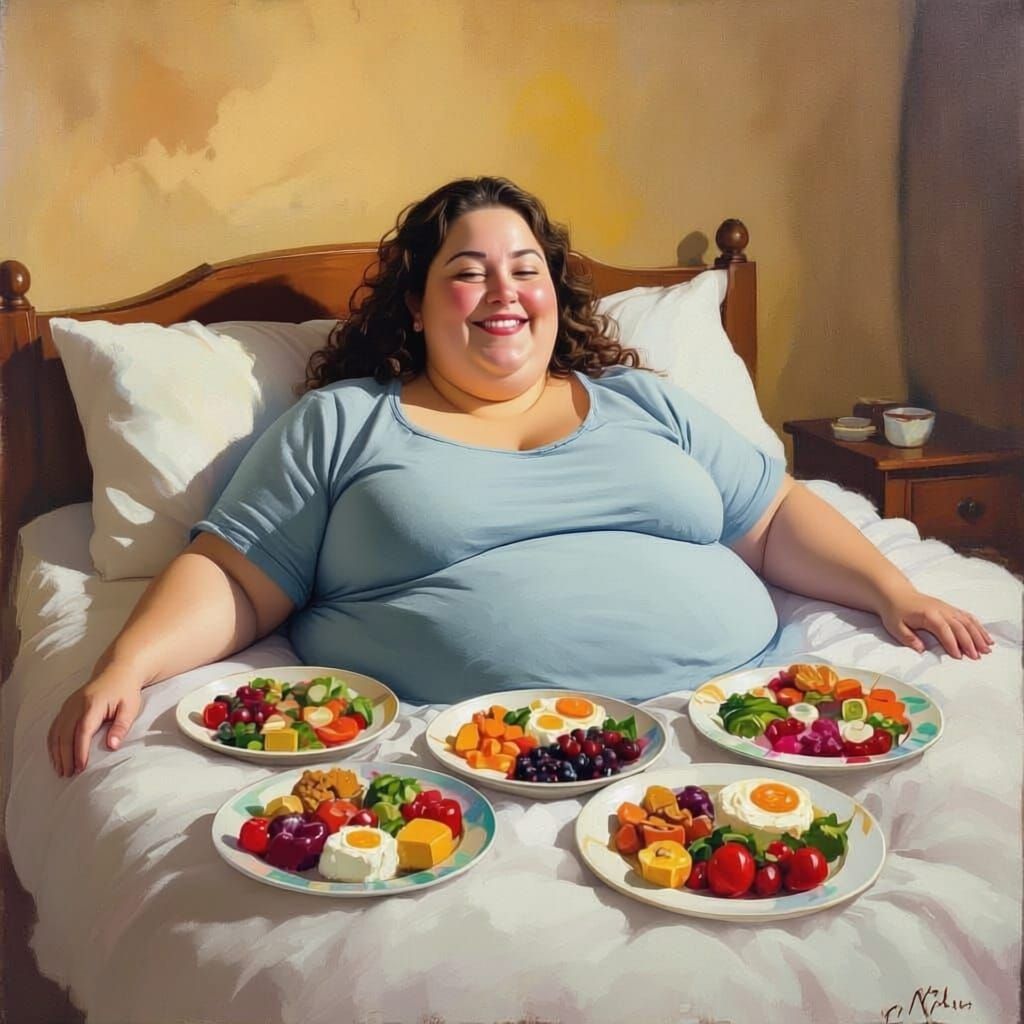 Morbidly Obese Woman Content Eating in Bed