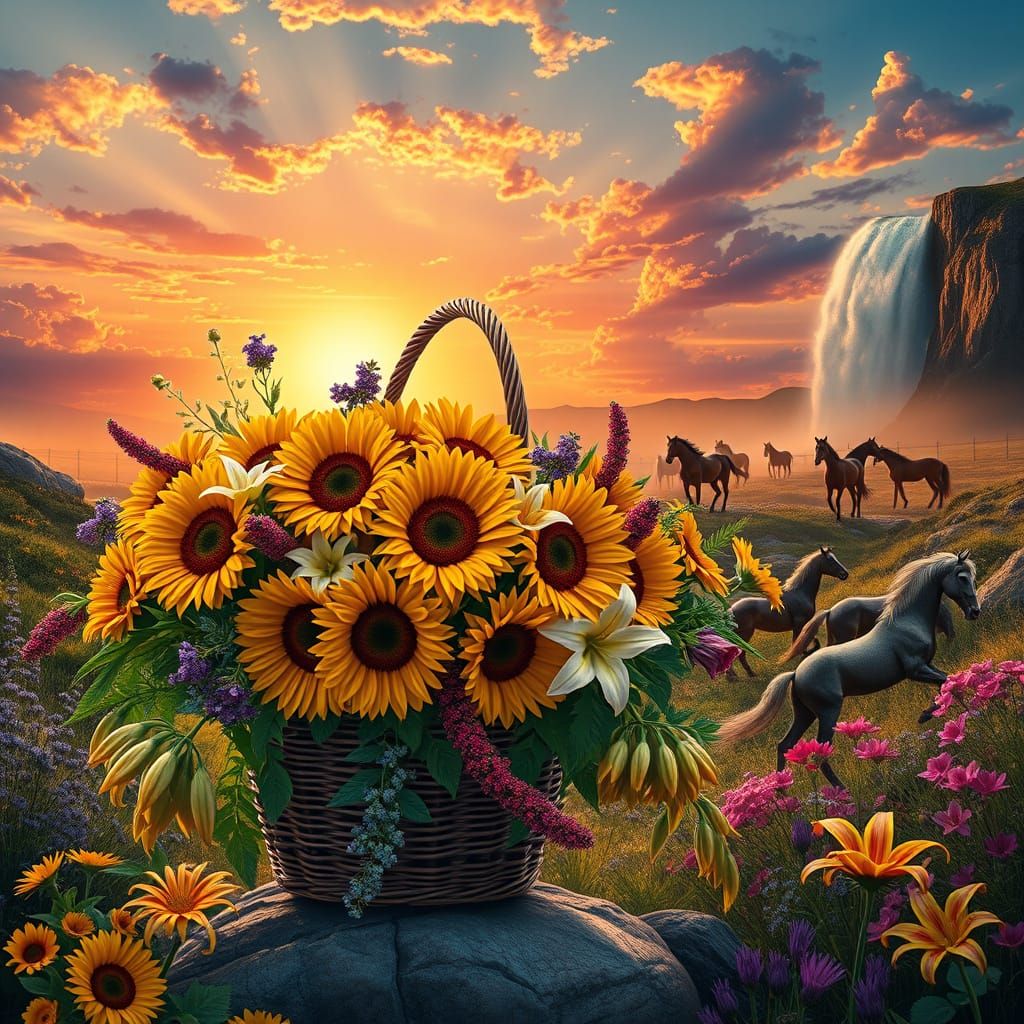 Fantasy Floral Landscape with Wild Horses and Waterfall in S...