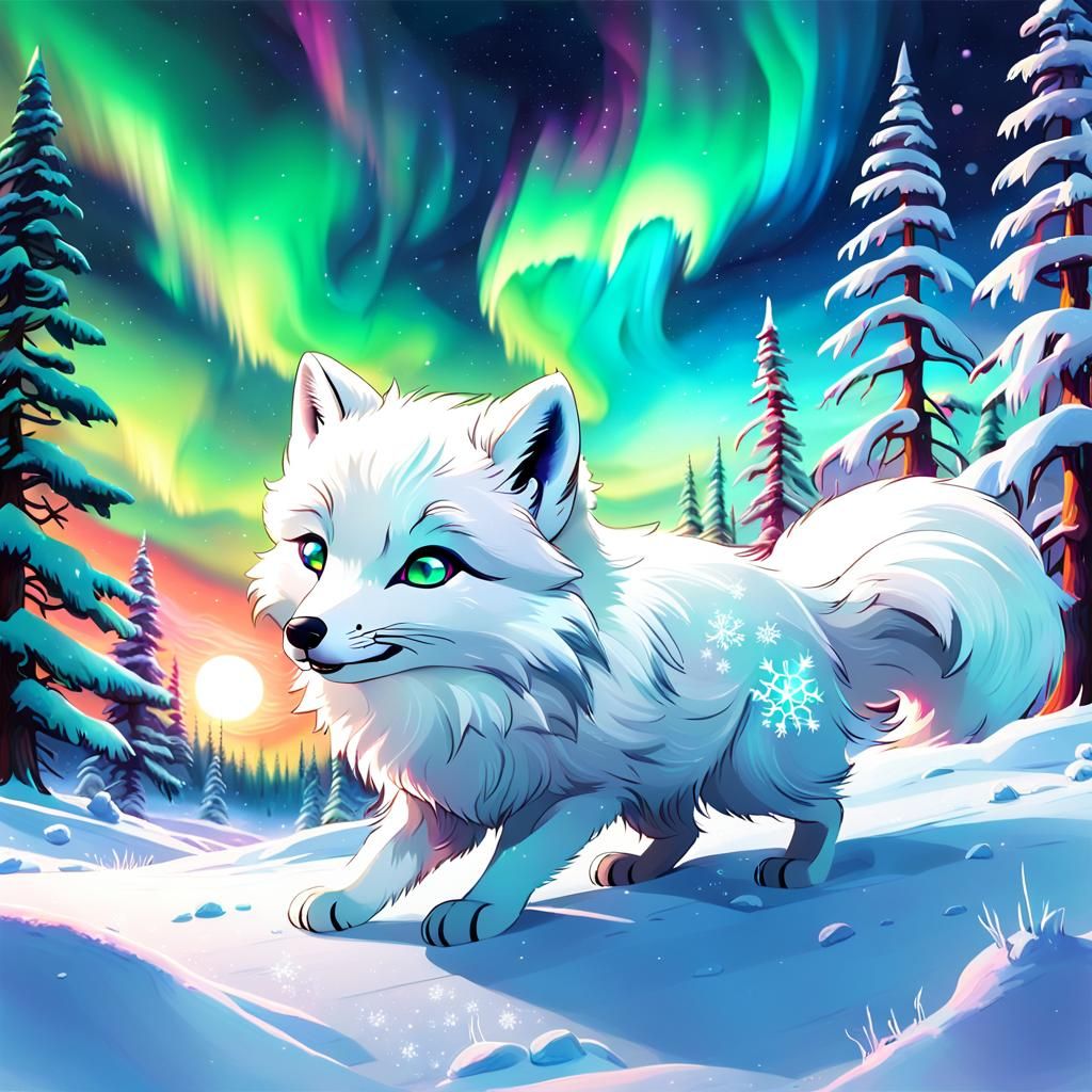 Arctic Fox Rolls in Snow Under Aurora