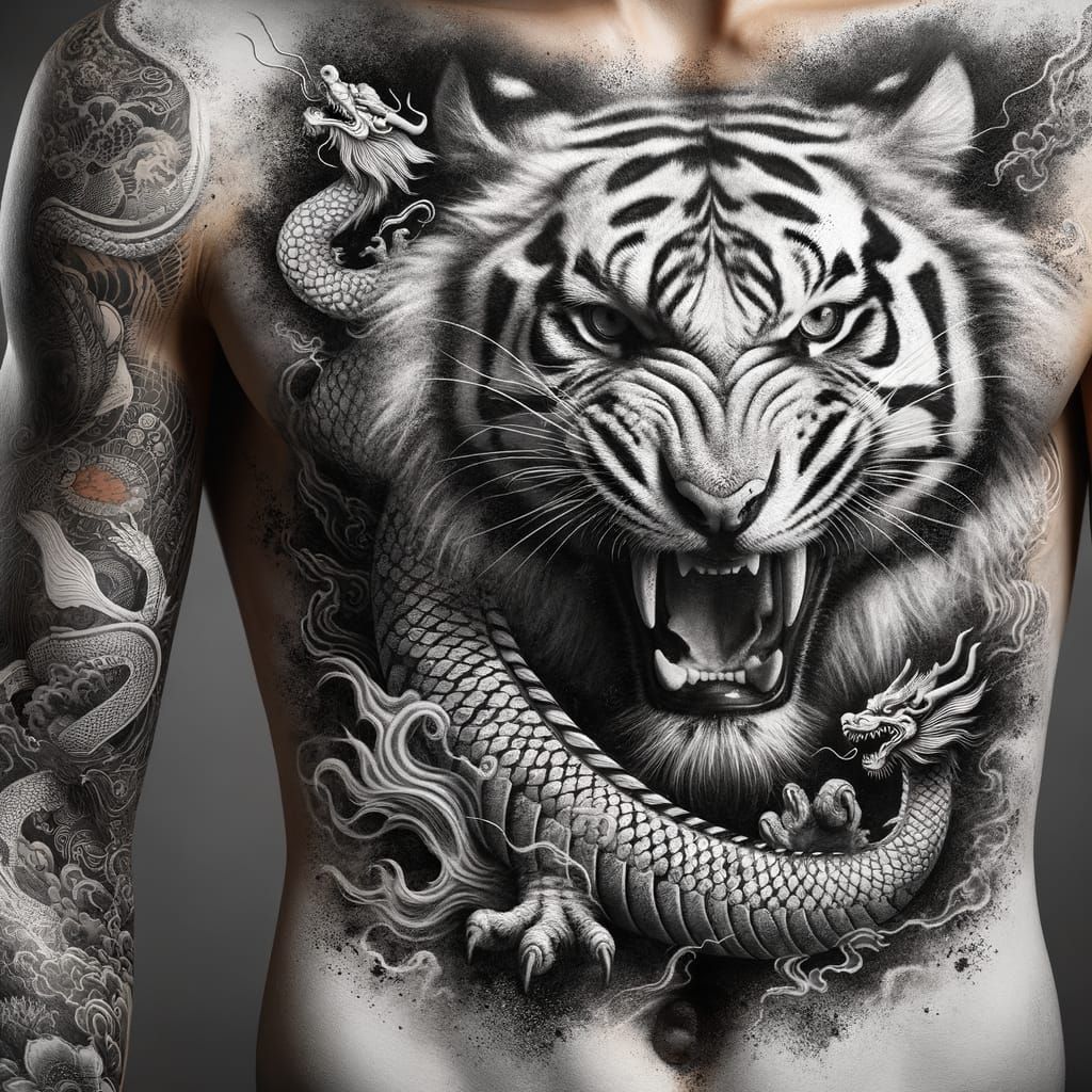 White Tiger with Dragon Tattoos in Charcoal Style