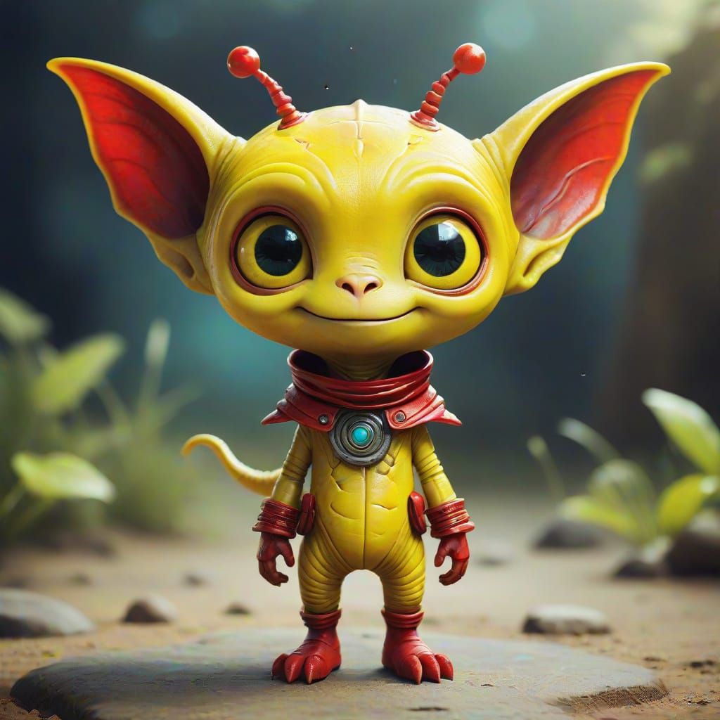 Whimsical Ancient Alien in Vibrant Yellow and Red