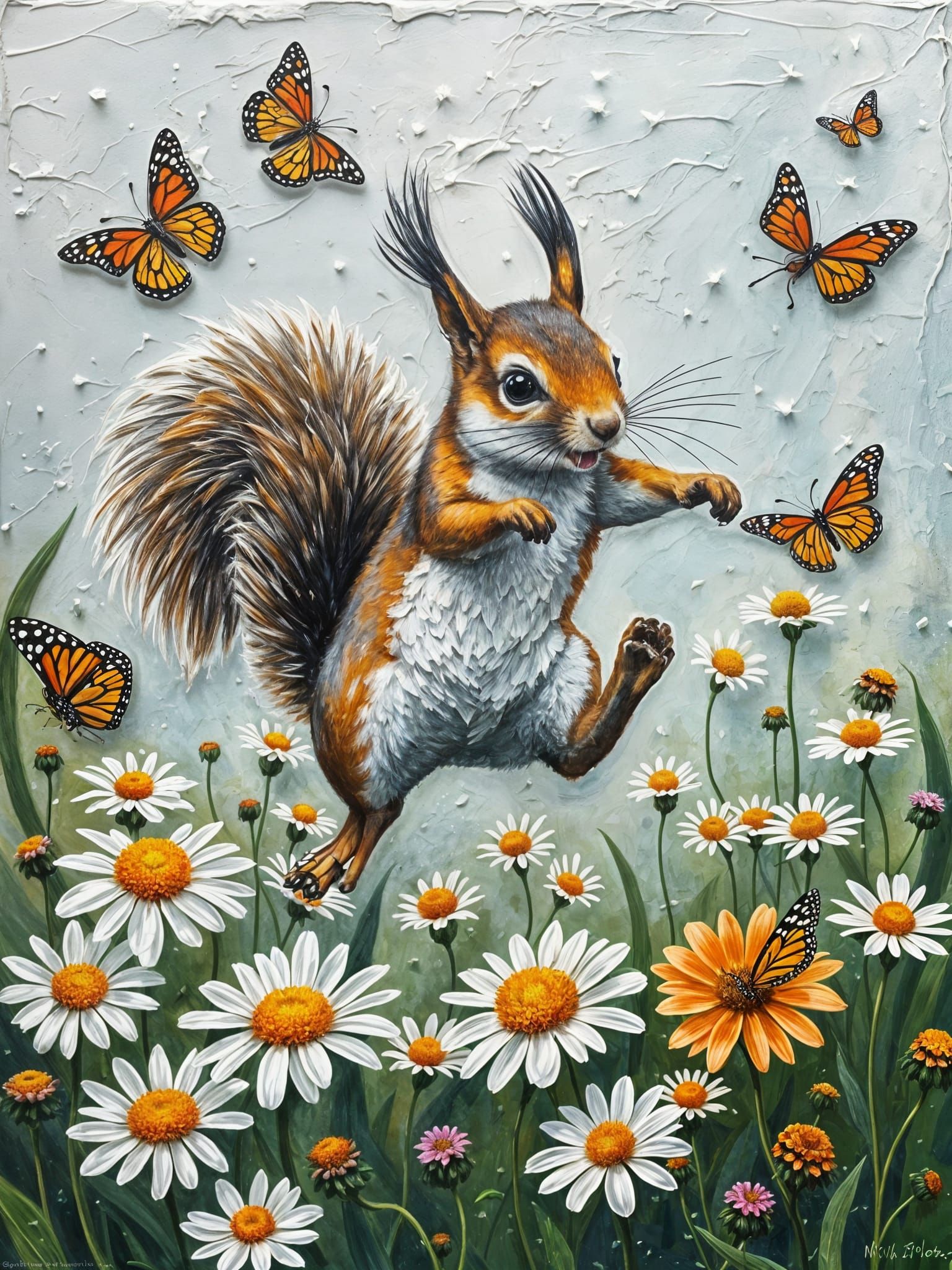 Squirrel Leaps Through Daisy Field as Impasto Painting