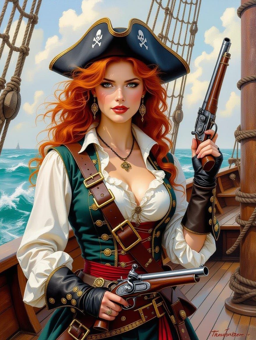 Red Haired Pirate with Flintlock, Expressionist Oil Painting