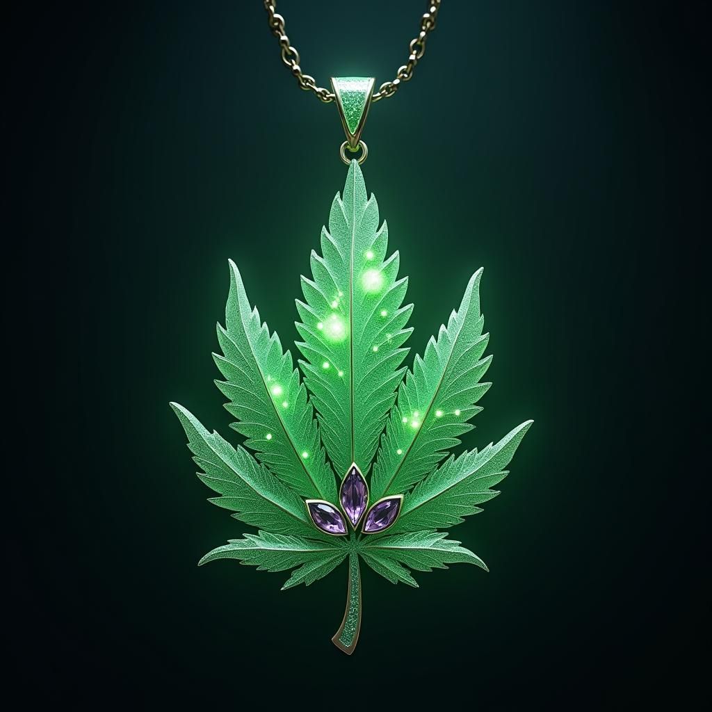 Emerald Cannabis Leaf Pendant in Mystical Art Style