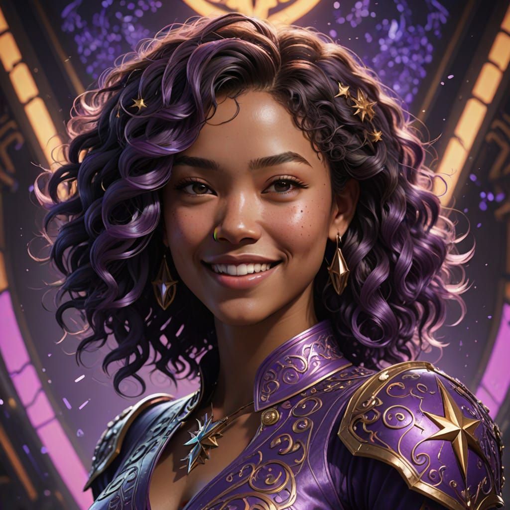 Elegant Blasian Woman in Purple Star Patterns