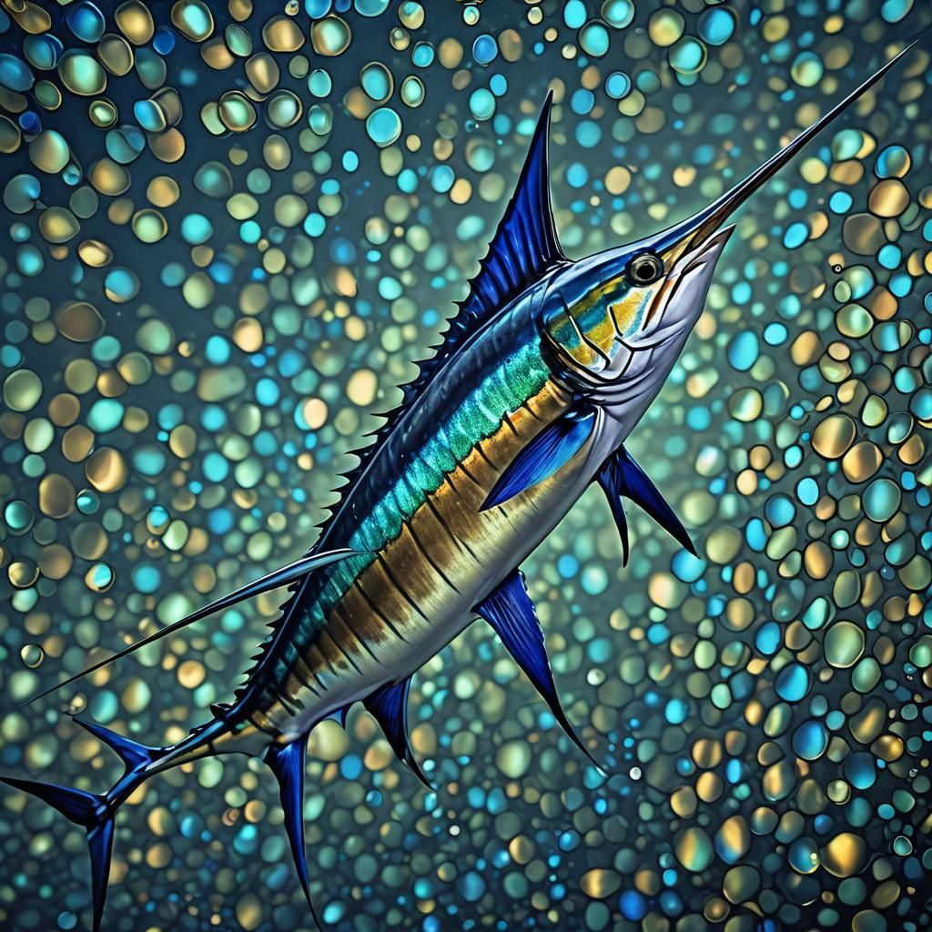 Vivid Black Marlin Fish in Bioluminescent Ocean