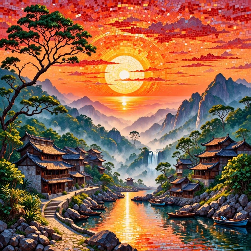 Guizhou Fishing Village Sunset Over Waterfall