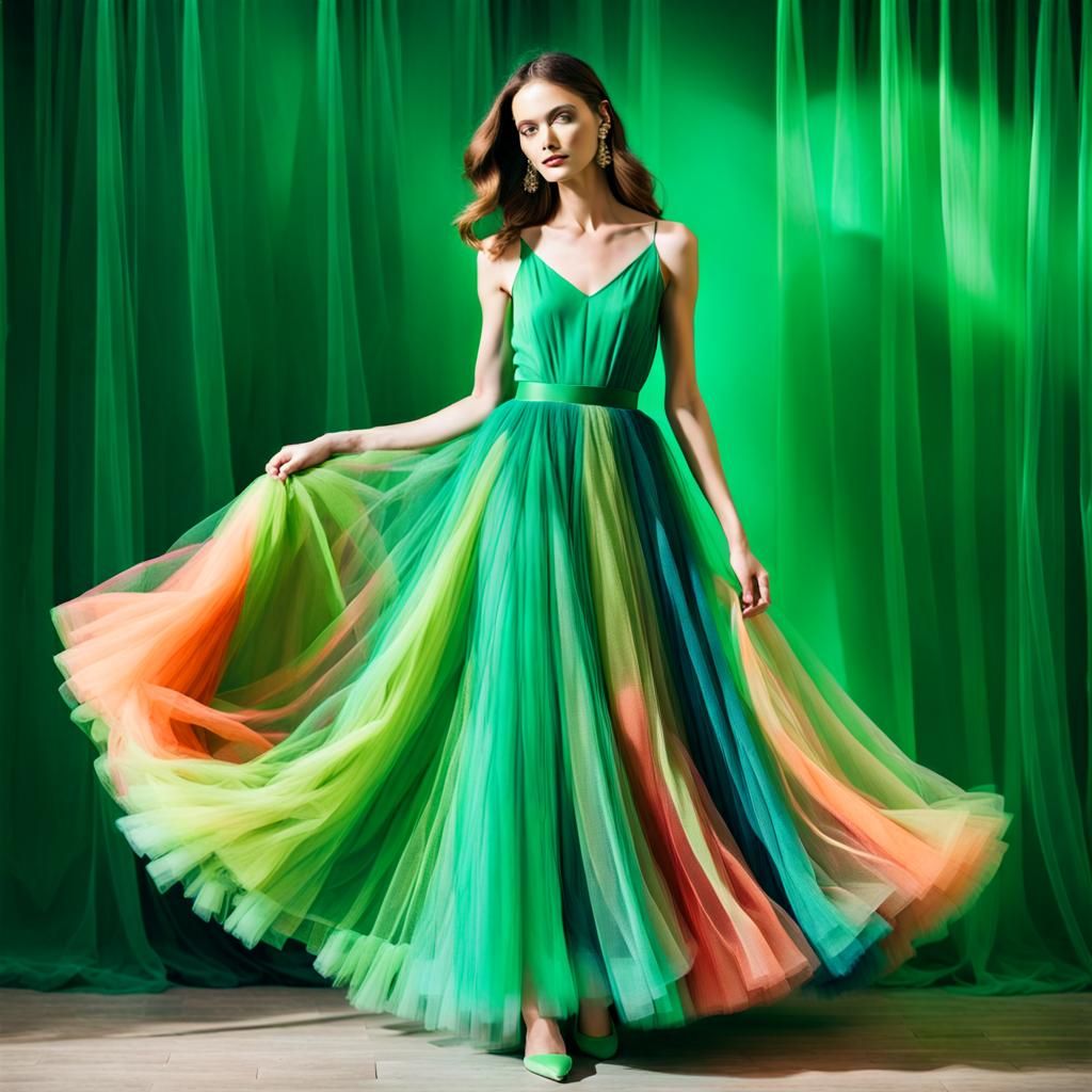 Woman in Flowing Tulle Dress with Green Backdrop
