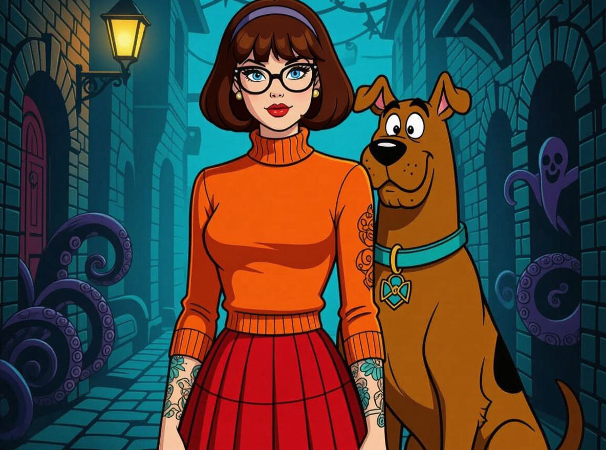 Velma Dinkley With Scooby Doo in a Gothic Horror Scene