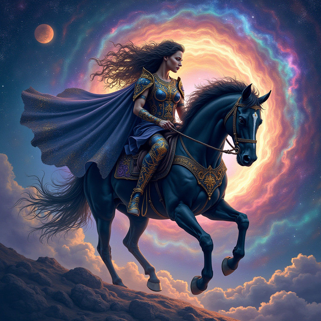 Goddess Rides Horse Across Galaxy in Visionary Art