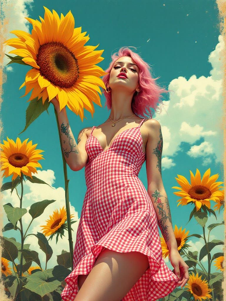 Art Deco Woman with Sunflower in Textured Street Art Style