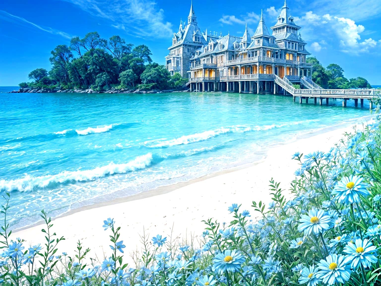 Stunning Lightblue Victorian Mansion Amidst Flowering Beach...