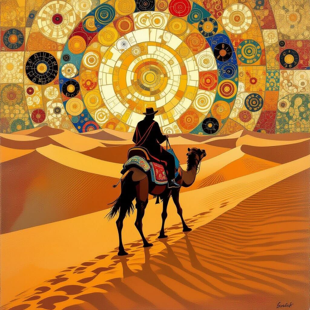 Camel Rider Across Desert, Klimt-Inspired Art