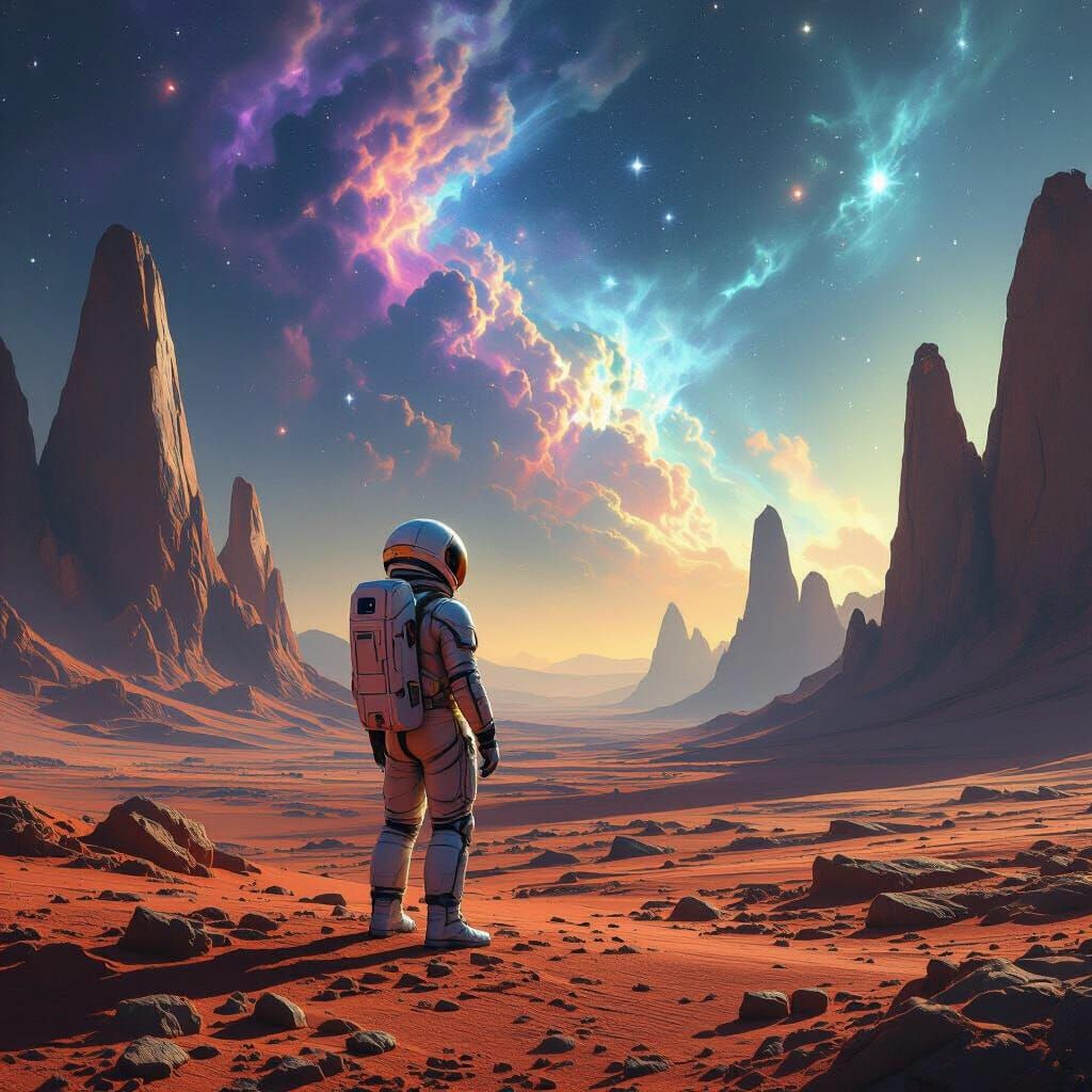 Astronaut Gazes at Nebula on Alien Planet