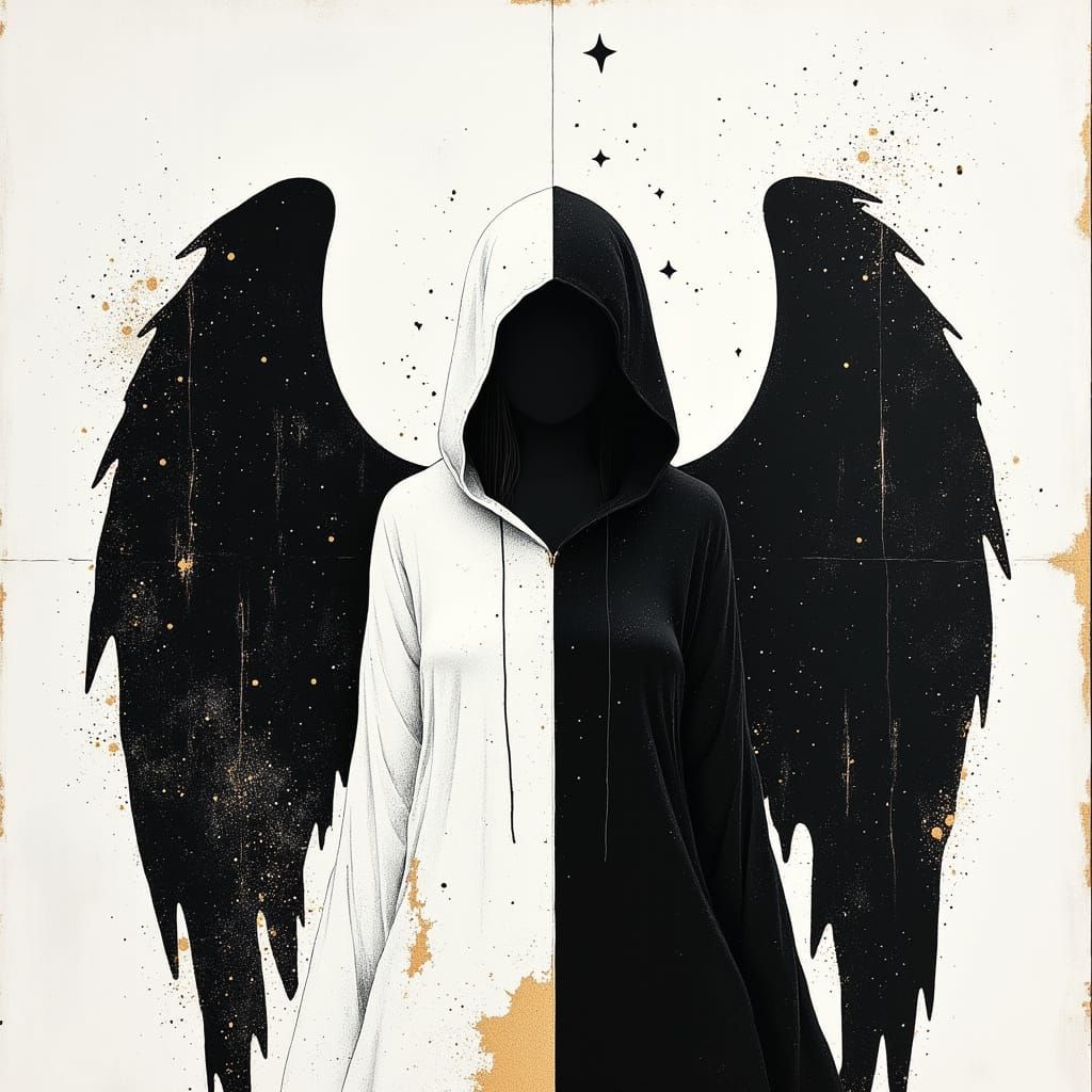 Symmetrical Black and White Angel Portrait in Golden Ratio