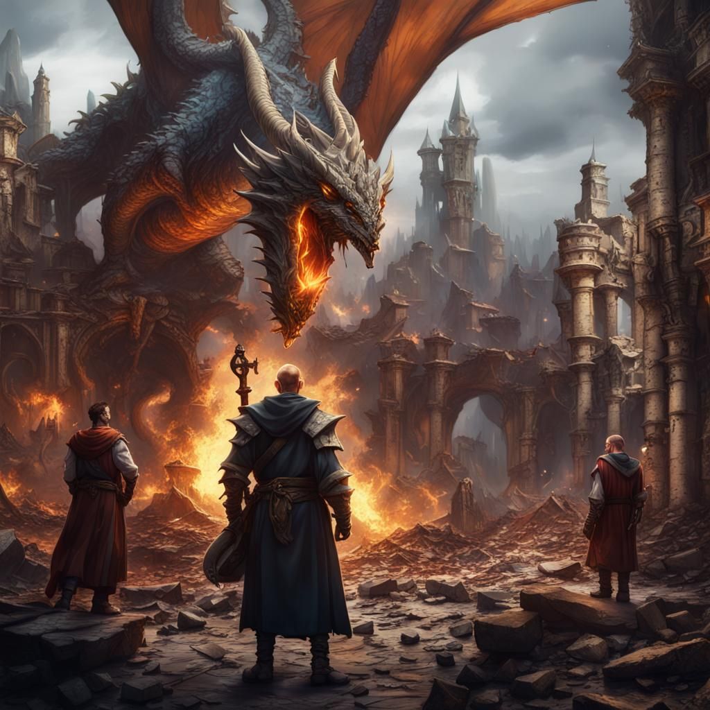 D&D Party Confronts Dragon in Ruined City