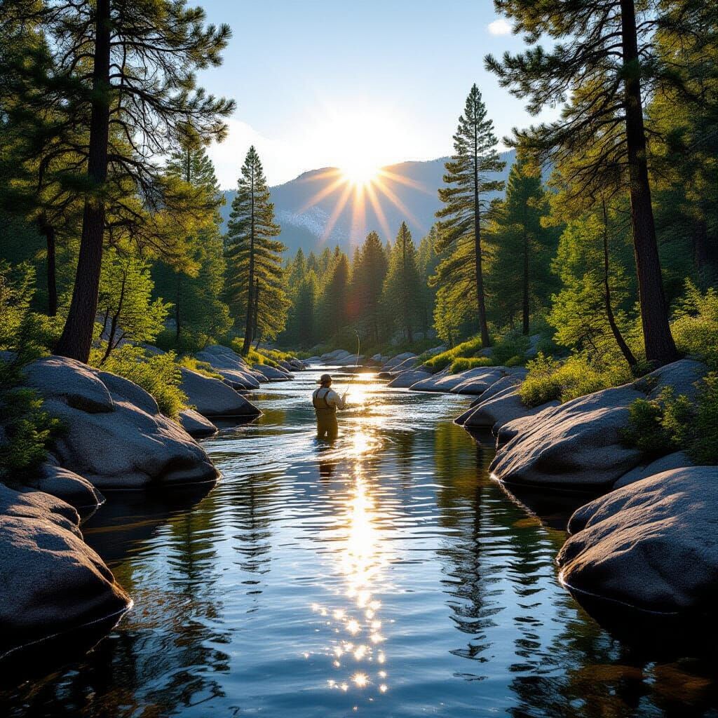Photorealistic Fly Fisher on Midsummer Stream