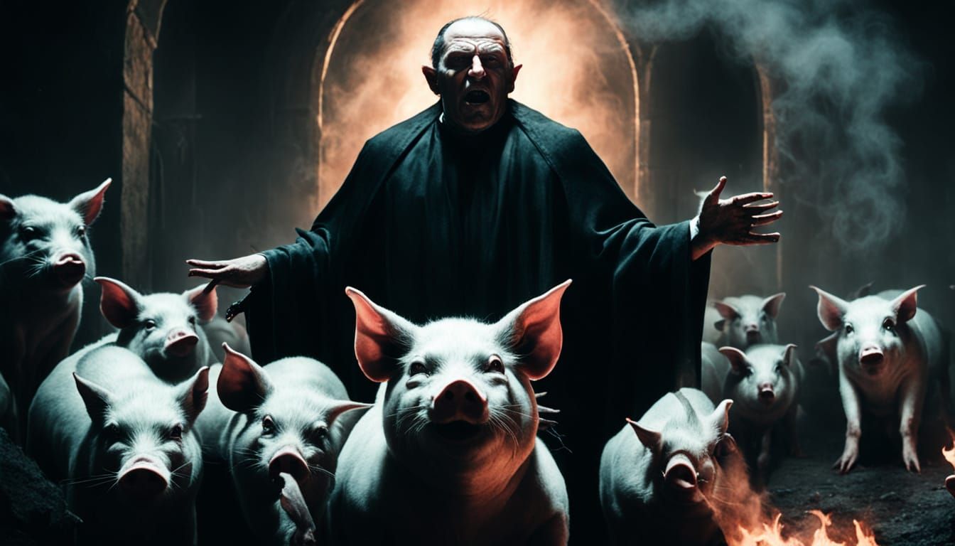 Dark Fantasy Satan Among Pigs in Hellish Landscape