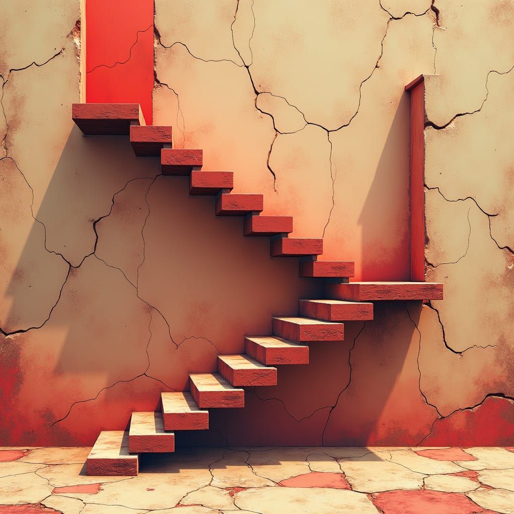 Surreal Staircase Amidst Fragmented Ashlar