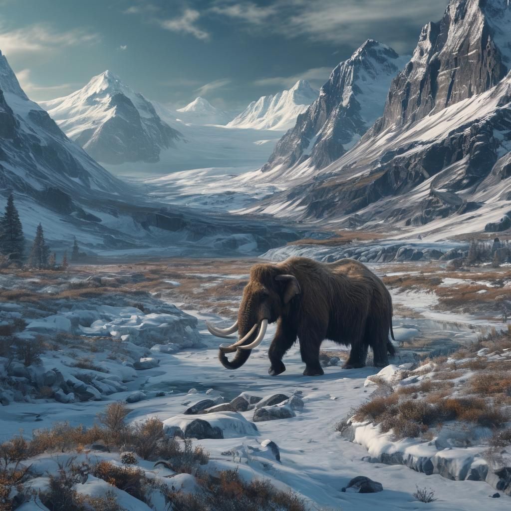Prehistoric Landscape with Mammoth in Hyper-Realistic Digita...