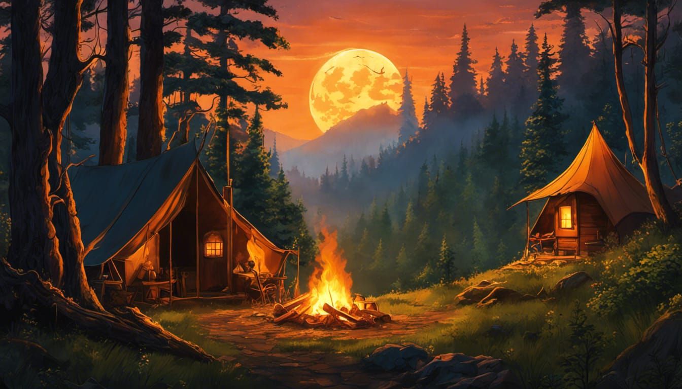 Cowgirl at Campfire in Lush Forest, Detailed Digital Art