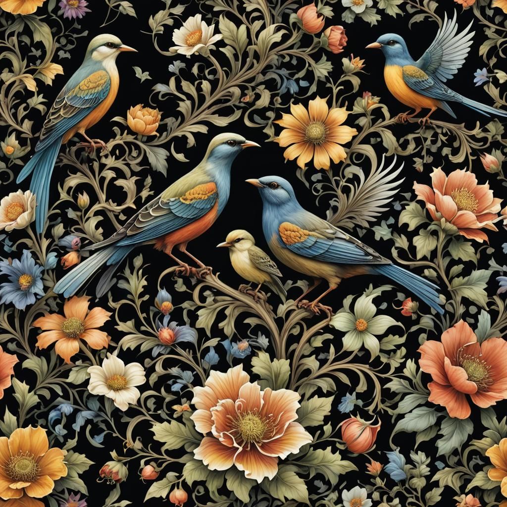 Intricate Arabesque Illustration of Birds and Flowers