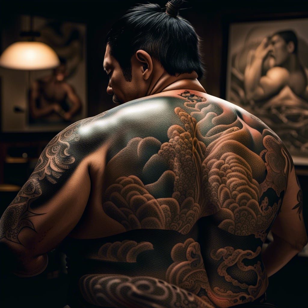 Sumo Wrestler Back Tattoo in Photorealistic Style
