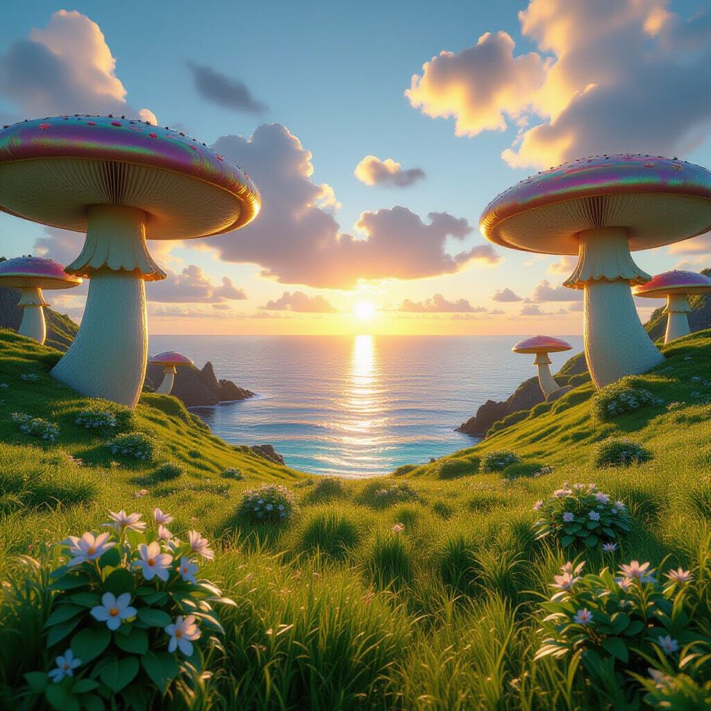 Vibrant Island with Giant Iridescent Mushrooms at Sunset