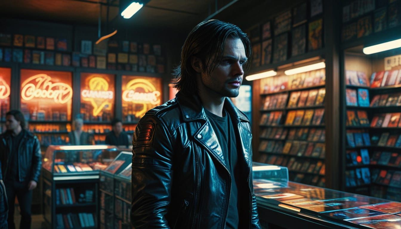 Bucky Barnes in a Neon-Lit Comic Book Shop