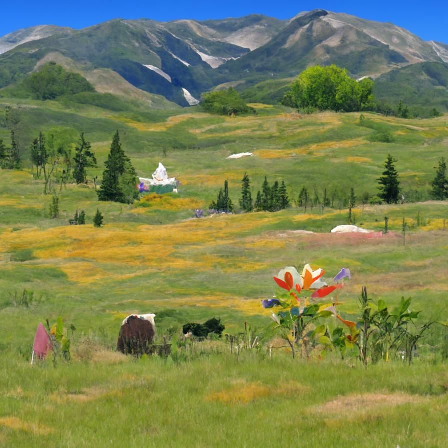Vibrant Cartoon Landscape with Wildflowers and Aspen Trees
