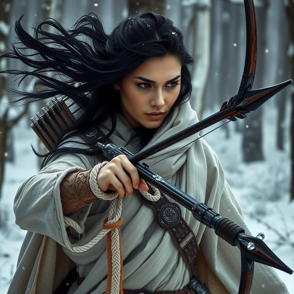Warrior Huntress in Winter Forest: Hyperrealistic Digital Ar...