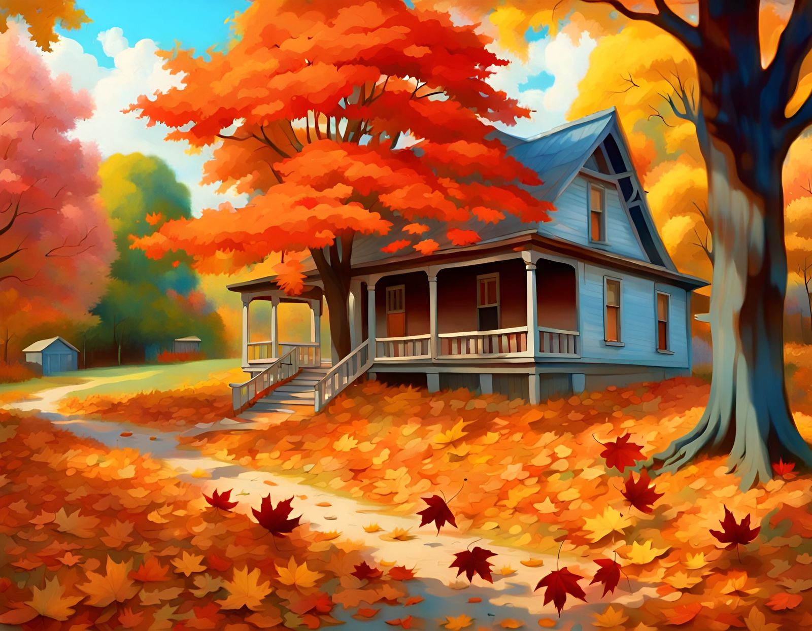 Autumn Maple Tree with Falling Leaves