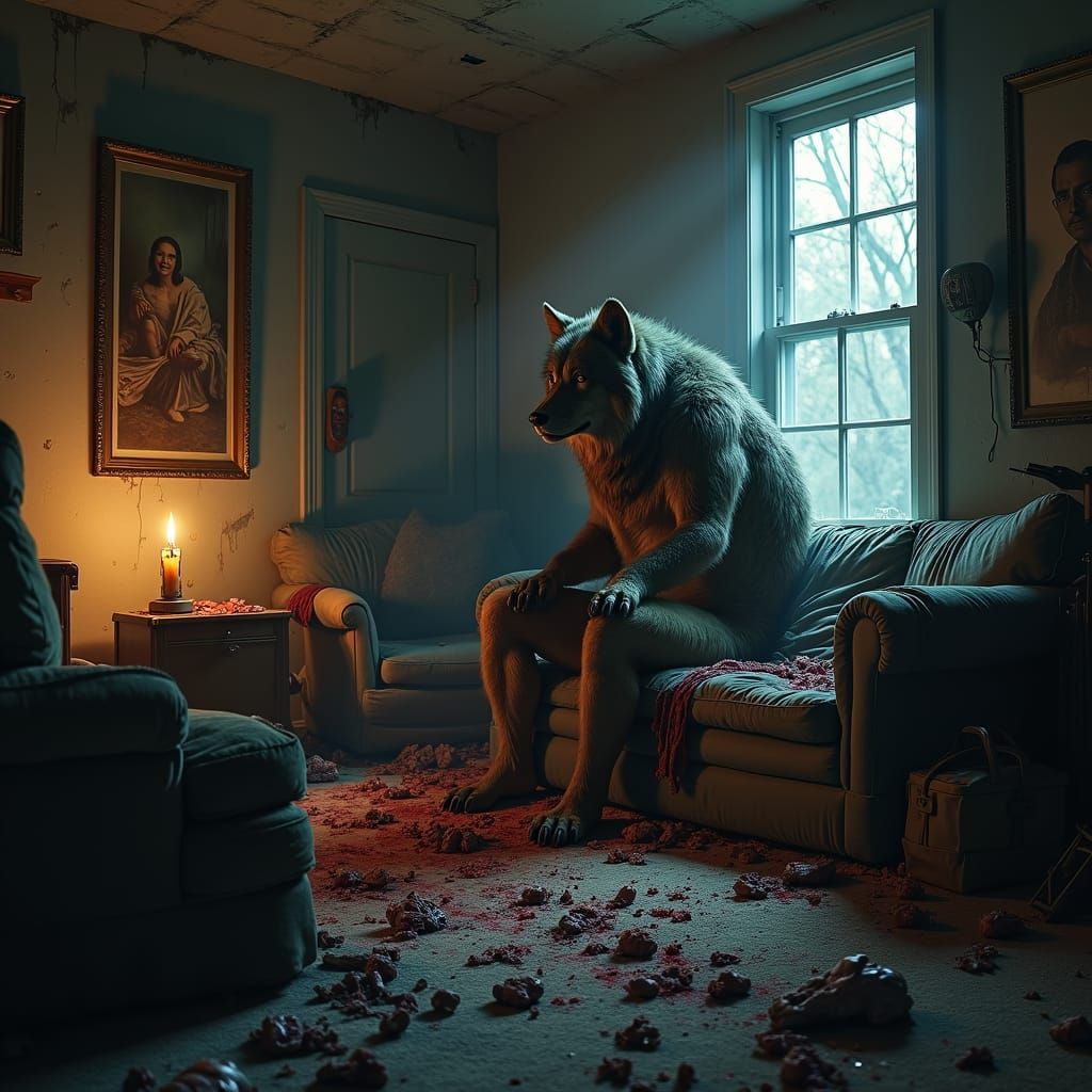Dark Werewolf in Destroyed Living Room