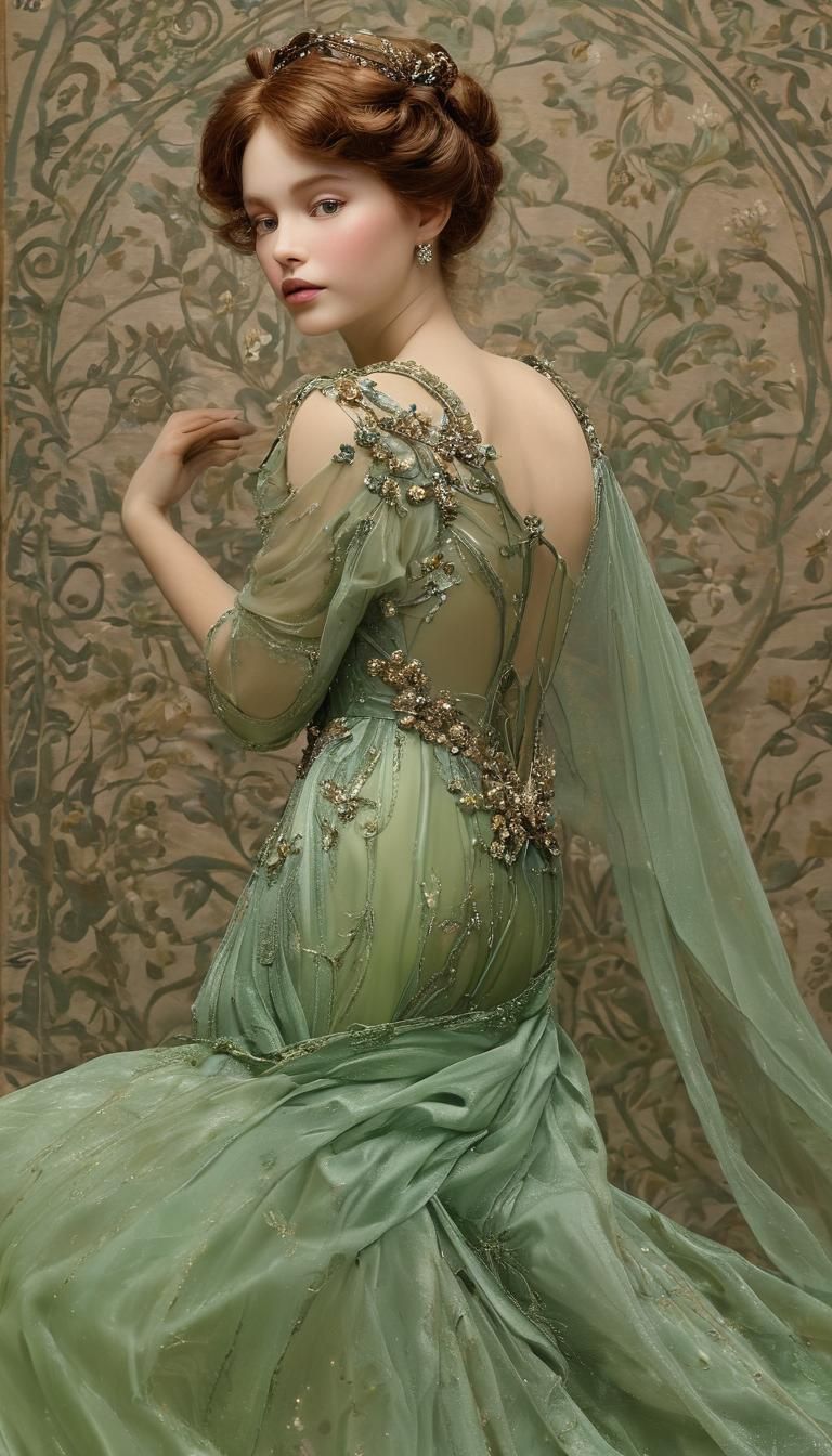Art Nouveau Porcelain Goddess in Green Gown