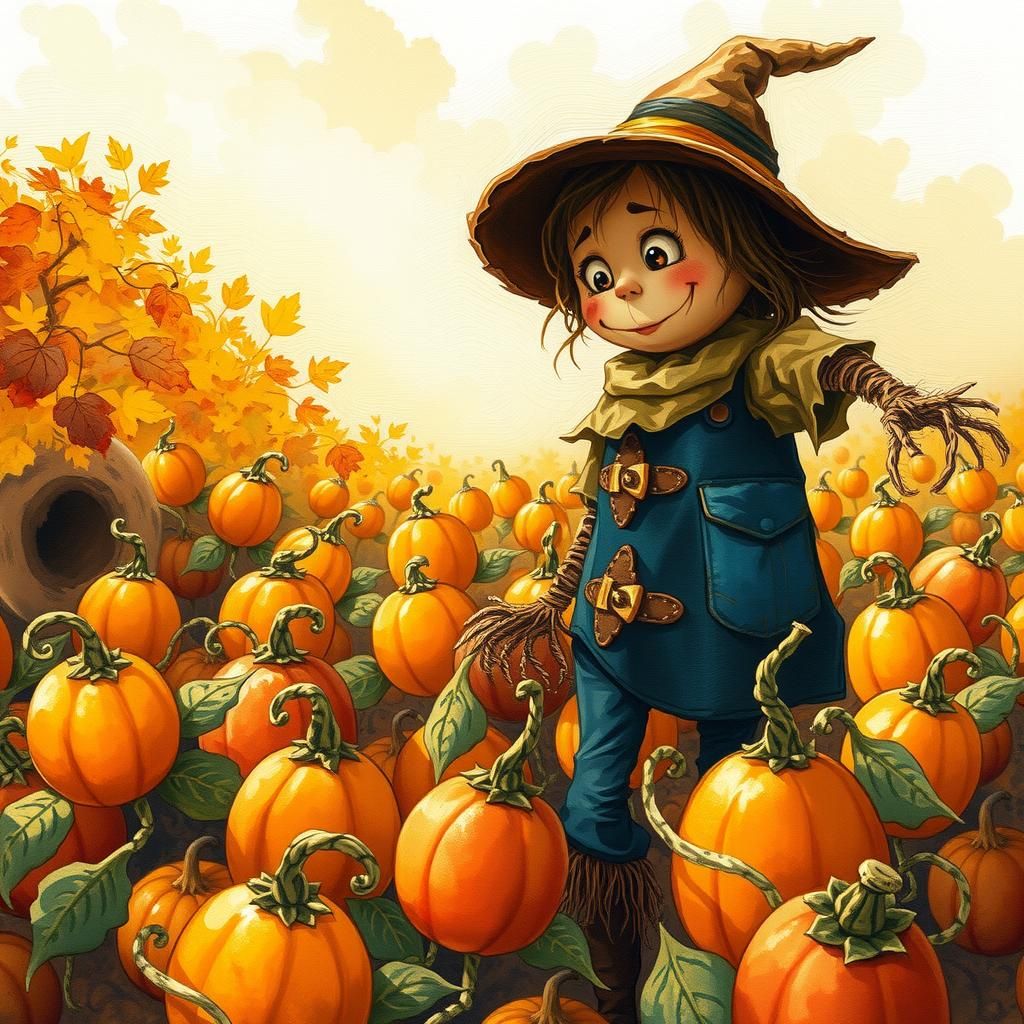 Whimsical Scarecrow and Dancing Gourds, Ghibli-Inspired