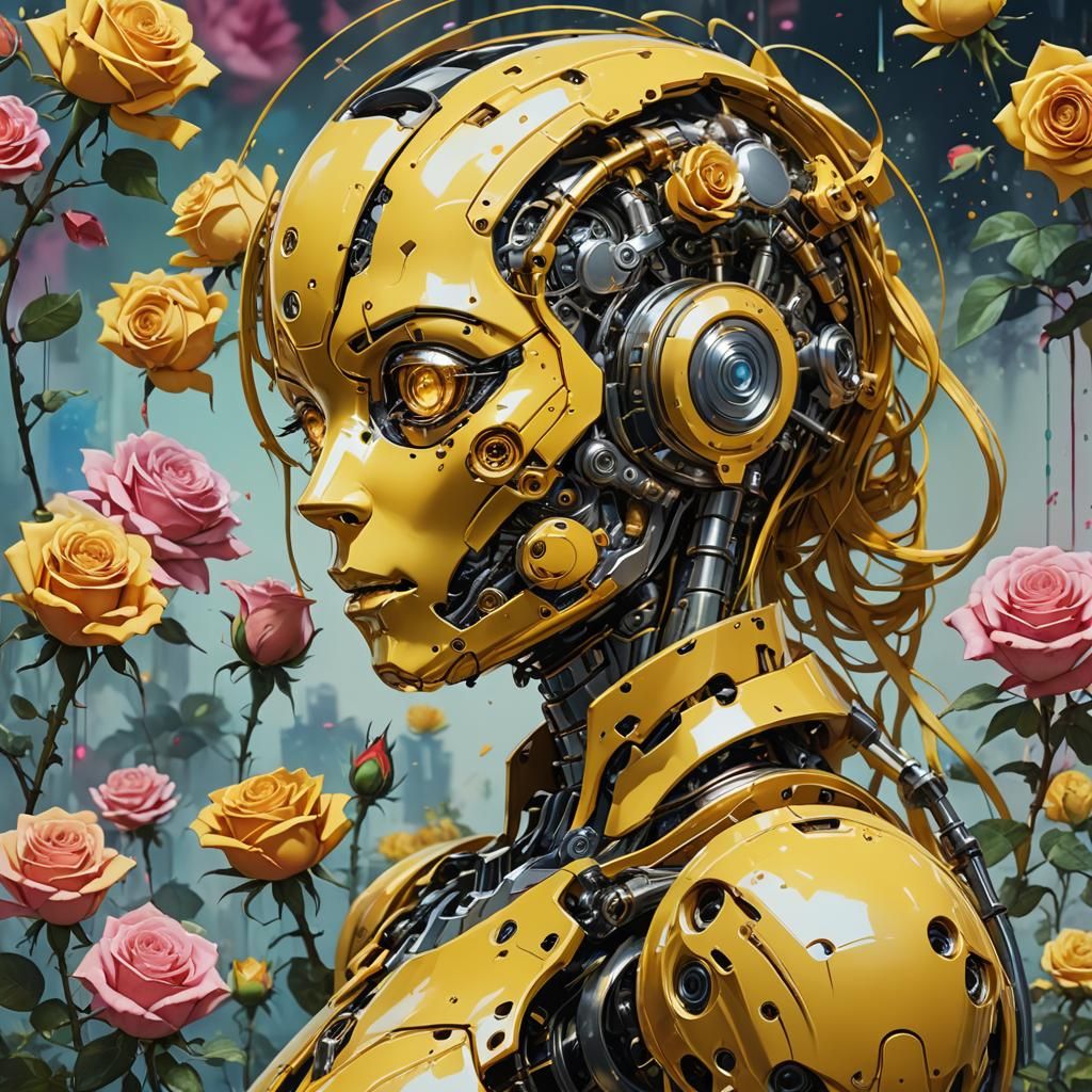 Photo of yellow robot smelling a rose
