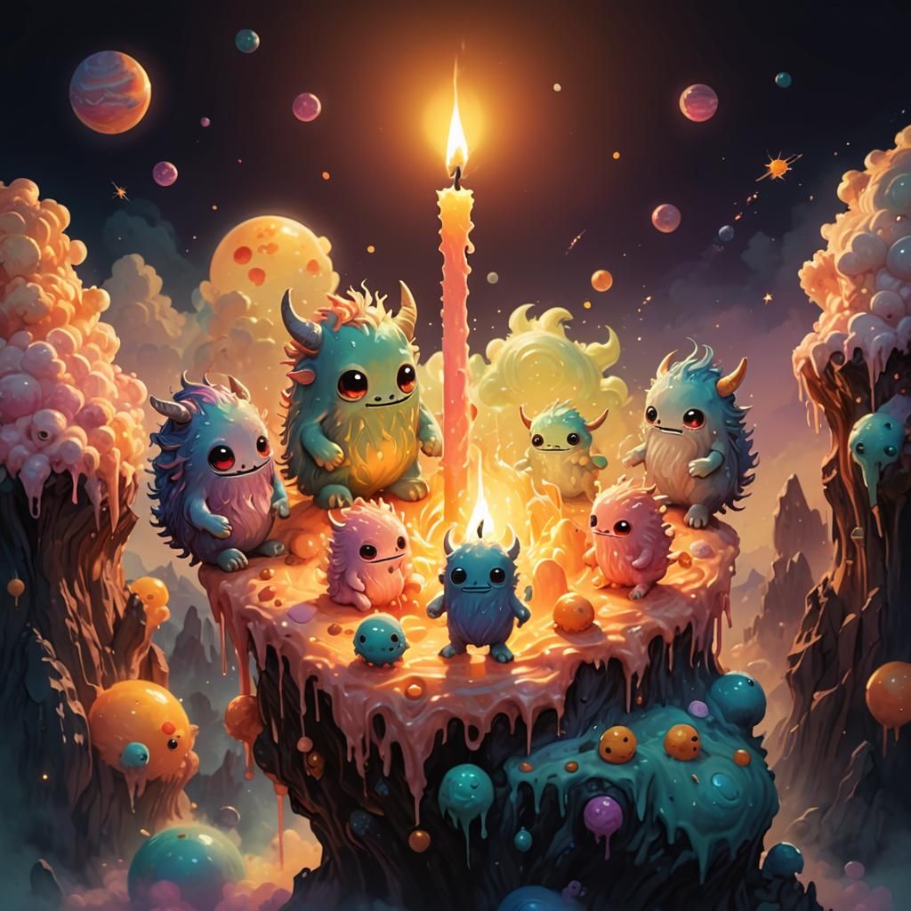 Chibi Monsters on Melting Candle Wax Planet in Sci-Fi Art