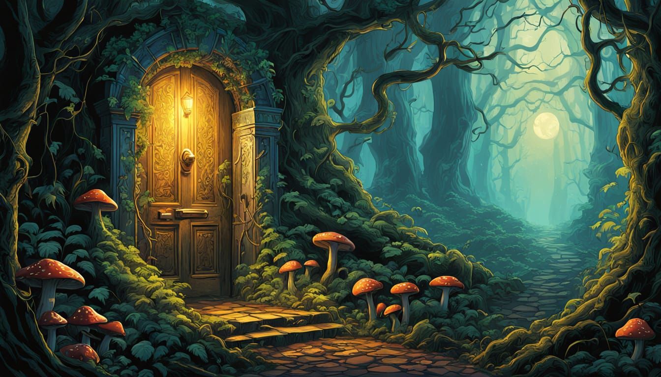 Mystical Forest Door in Comic Book Style