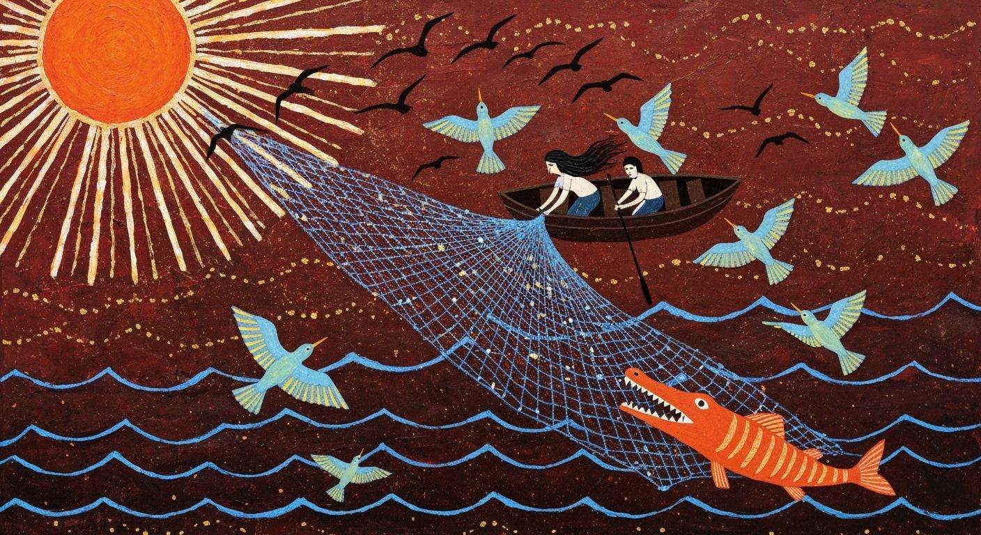 Folk Art Ocean Scene with Sun and Crocodile Fish