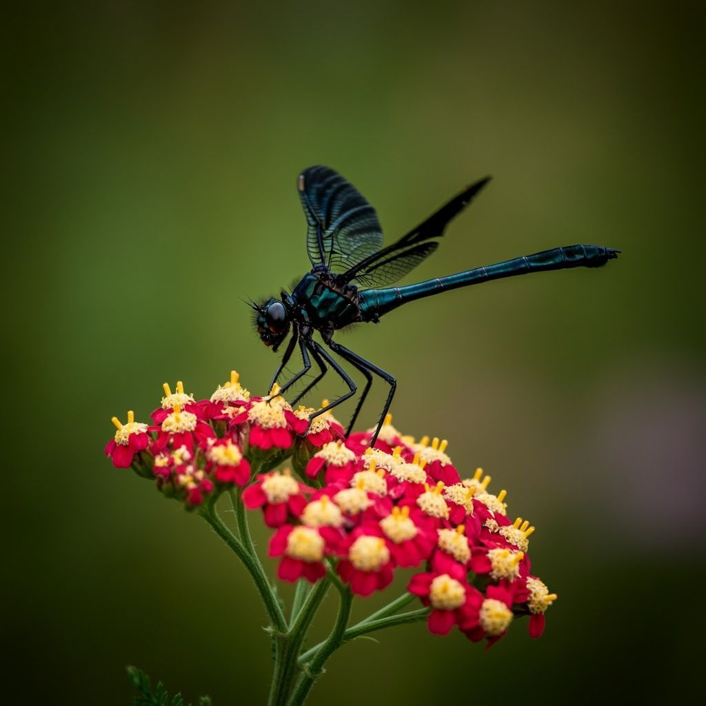 Black Darter Dragonfly on Red Yarrow Flower
