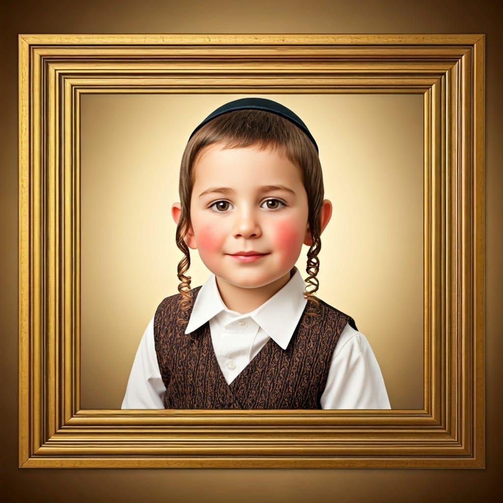 A Young Hasidic Boy with Wise Eyes, Framed in Golden Luxury