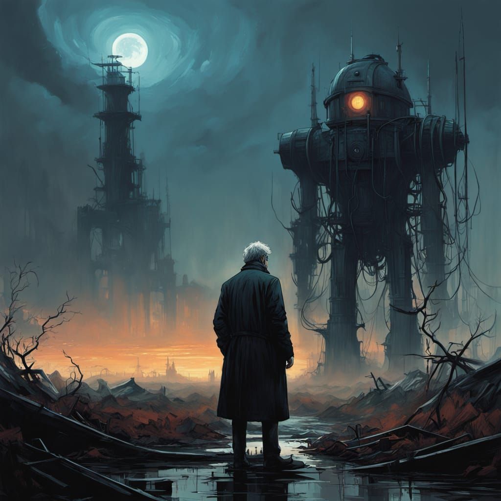 Lonely Figure Confronts Desolate Landscape Under Stormy Skie...